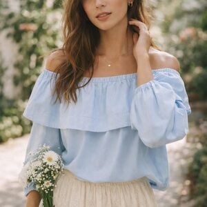Aritzia Wilfred Off Shoulder Cotton Top Romantic Boho Feminine Light Blue size S